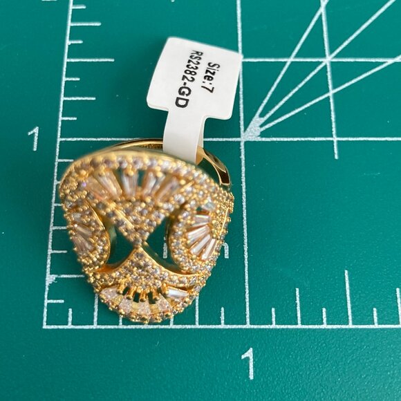 Art Deco Cubic Zirconia Cocktail Ring Yellow Gold Plated Size 7 8 9 Statement - Picture 11 of 15